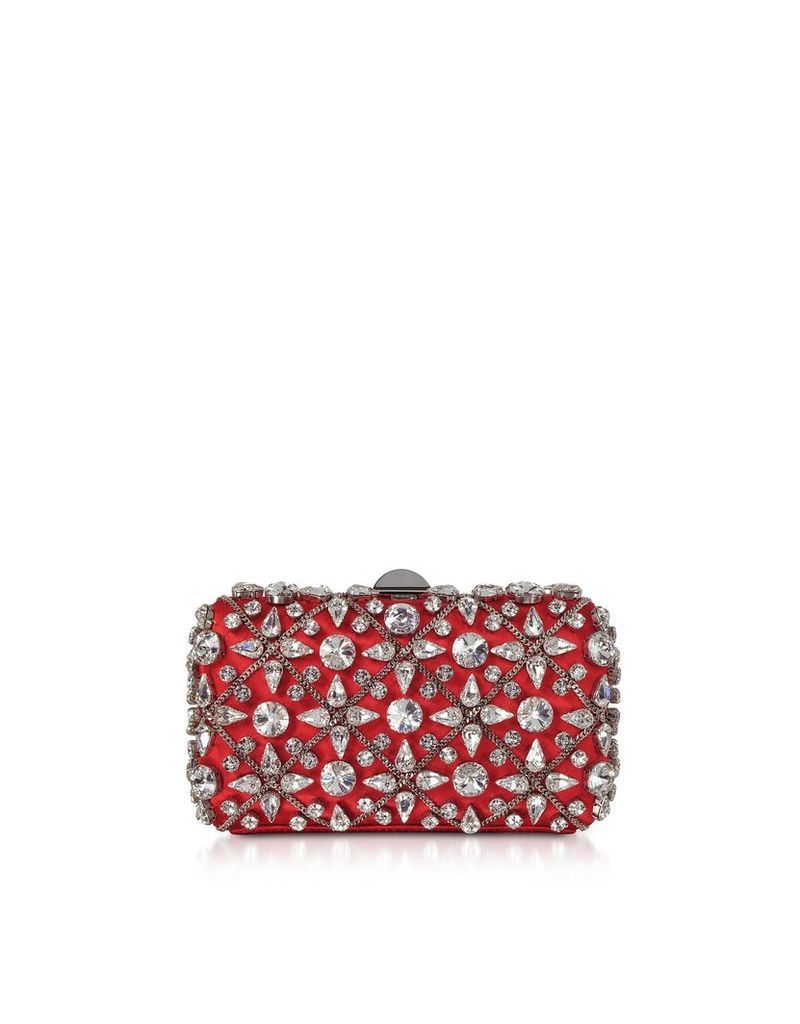 Rodo Designer Handbags, Red Satin Clutch w/Crystals and Chain