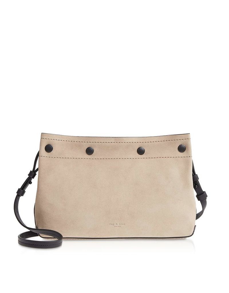 Designer Handbags, Warm Grey Suede Compass Snap Crossbody Bag