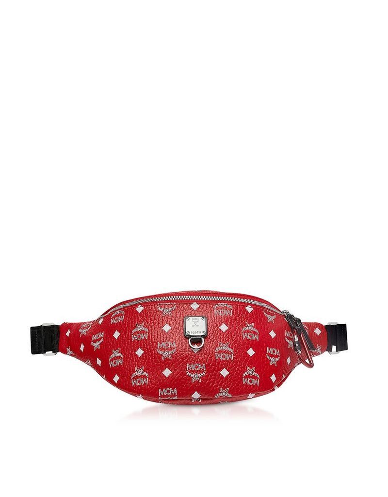 MCM Designer Handbags, Viva Red Fursten Medium Belt Bag w/White Logo Visetos