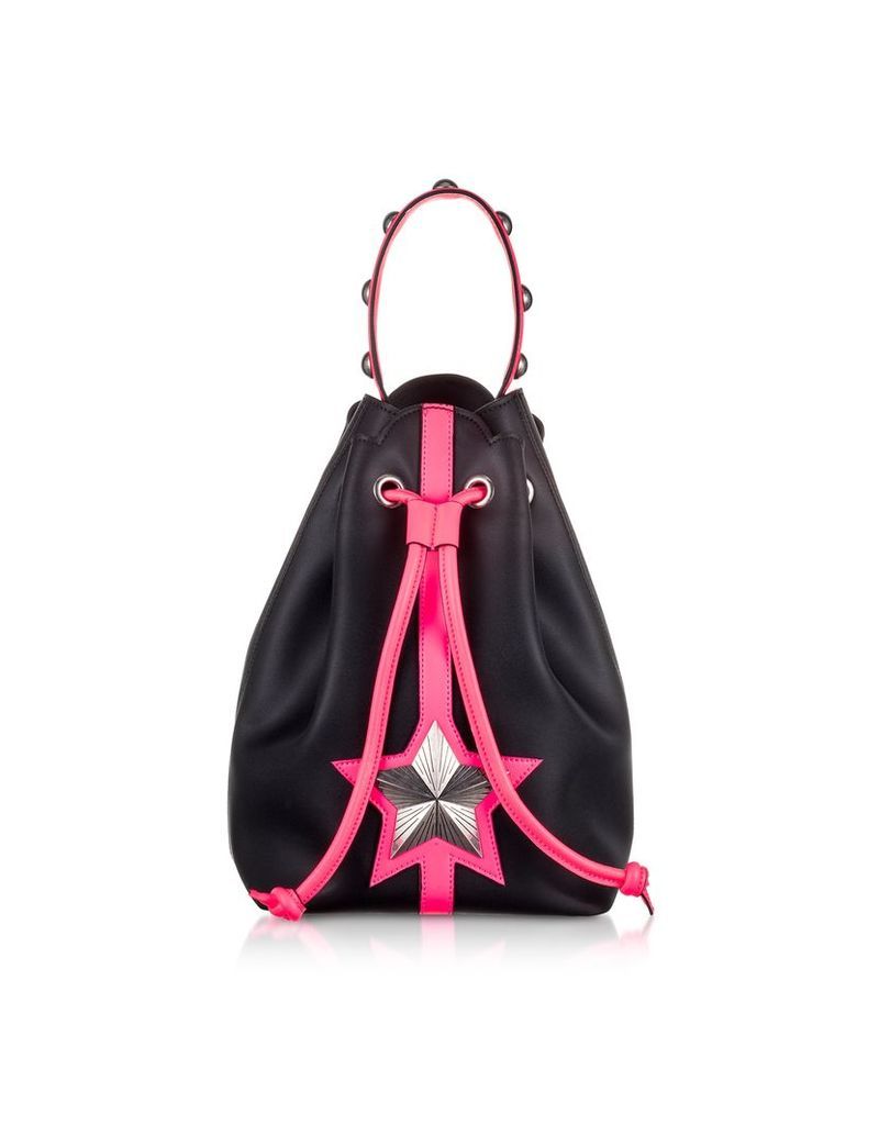 Designer Handbags, Black & Neon Pink Leather Vega Bucket Bag