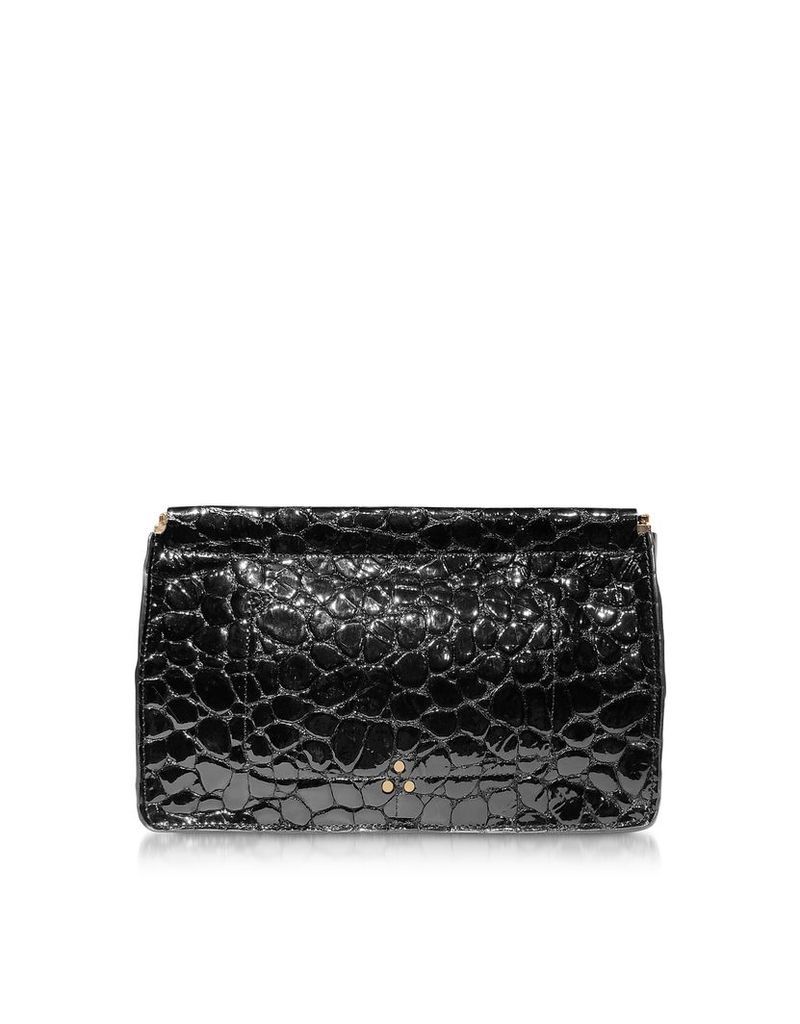 Jerome Dreyfuss Designer Handbags, Popoche Clic Clac Black Croco Embossed Patent Leather Clutch