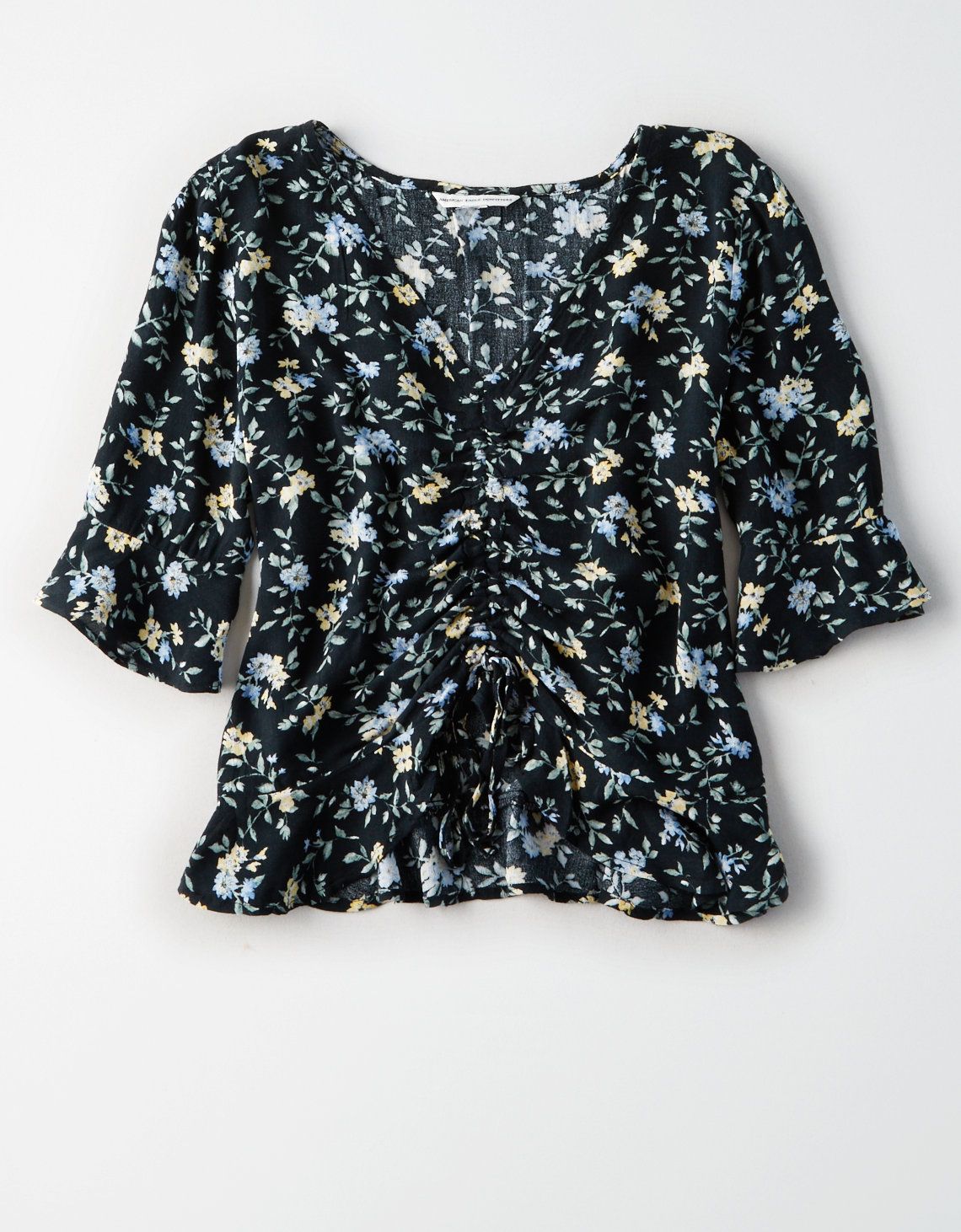 AE FLORAL PRINTED RUCHED FRONT TOP