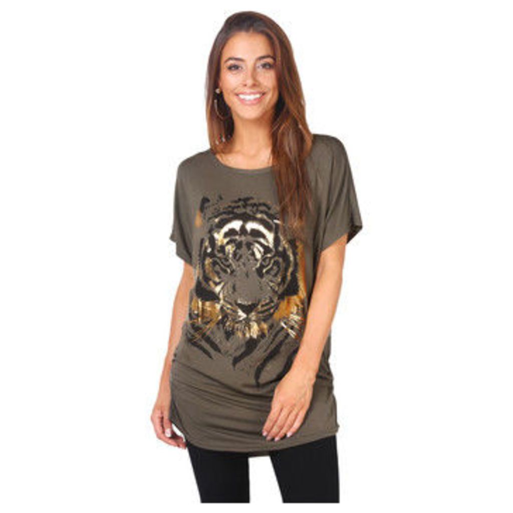 Krisp  Oversize Batwing Animal Tiger Print Top T Shirt  women's T shirt in Green
