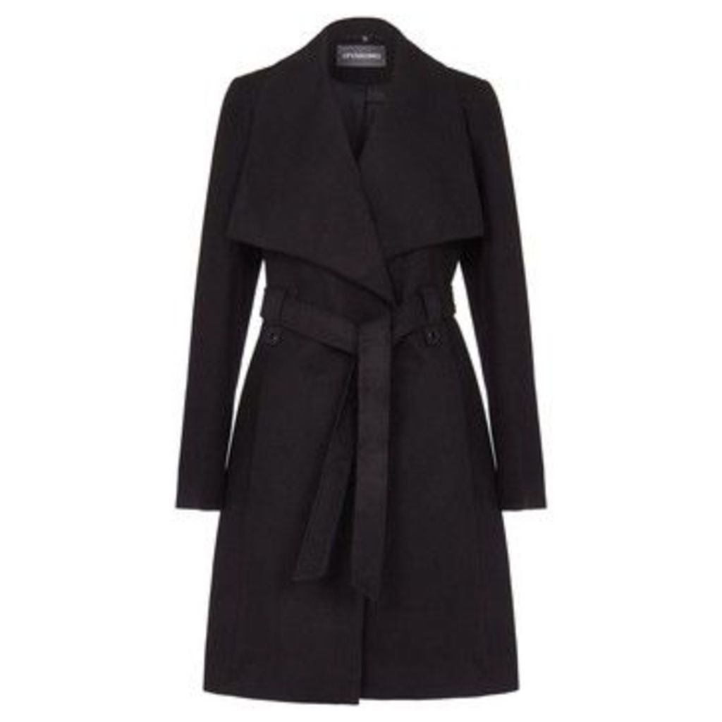 Large Collar Belted Wrap Winter Coat  women's Parka in Black