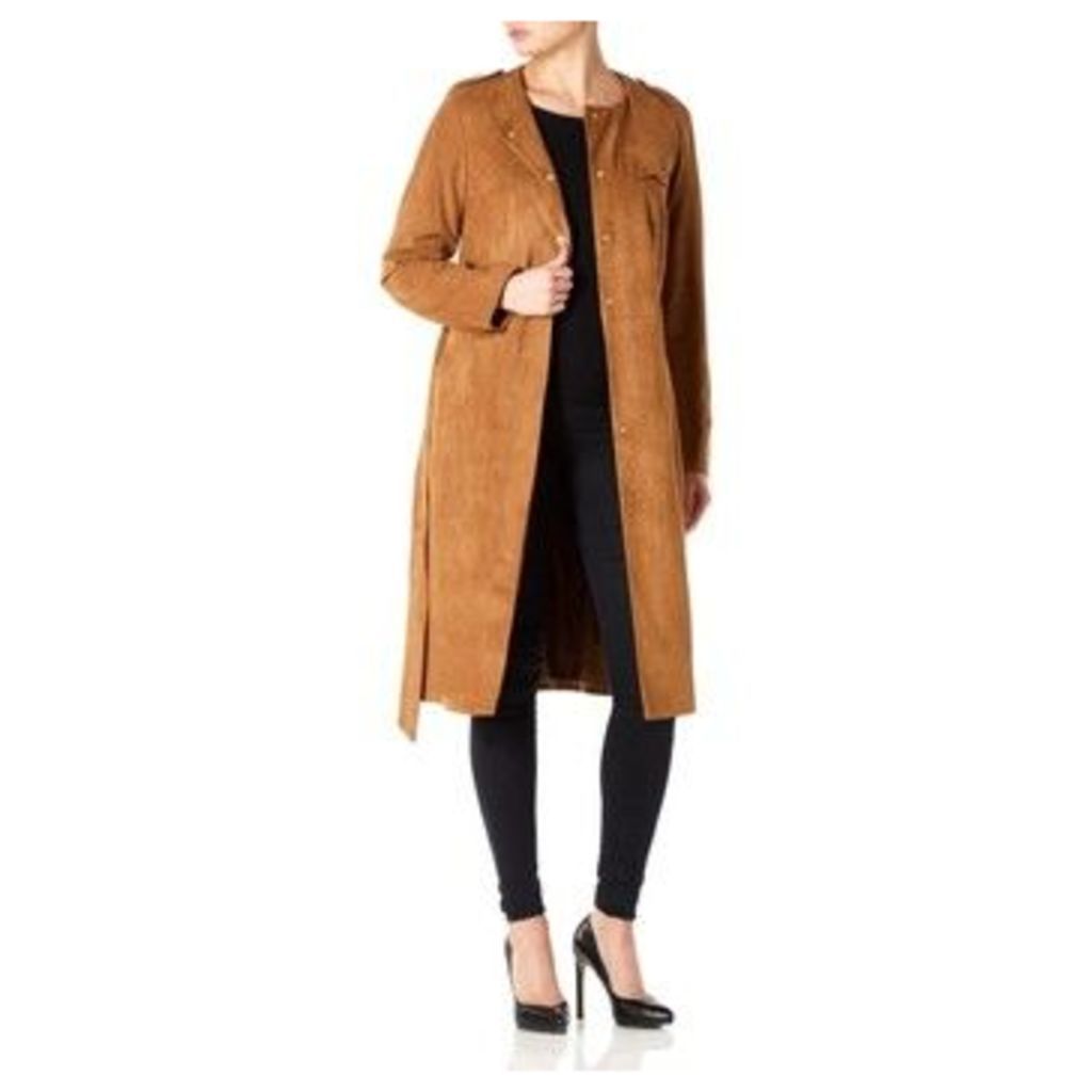 Faux Suede Belted Coat  in Brown