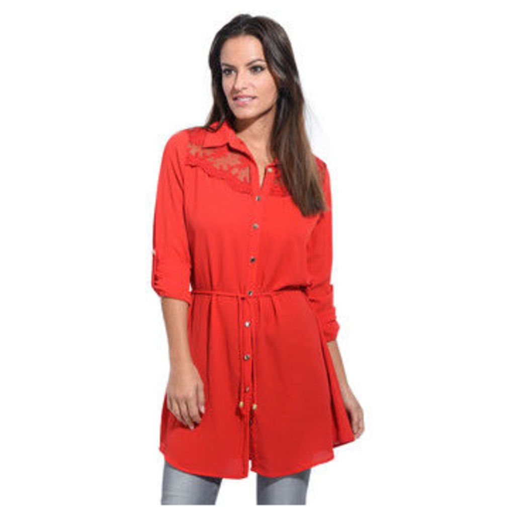 Anabelle  Long shirt, lace neckline  women's Shirt in Red