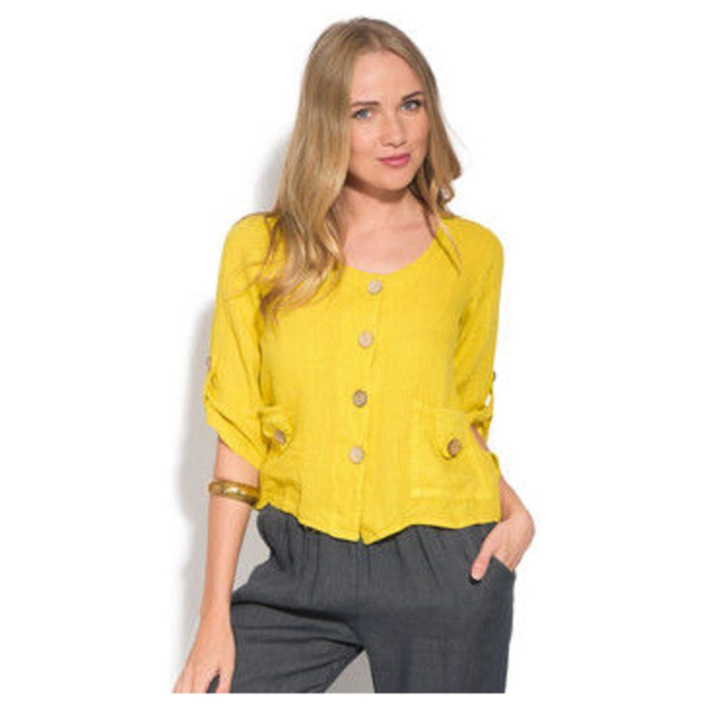 100 % Lin  Cardigan  women's Blouse in Yellow