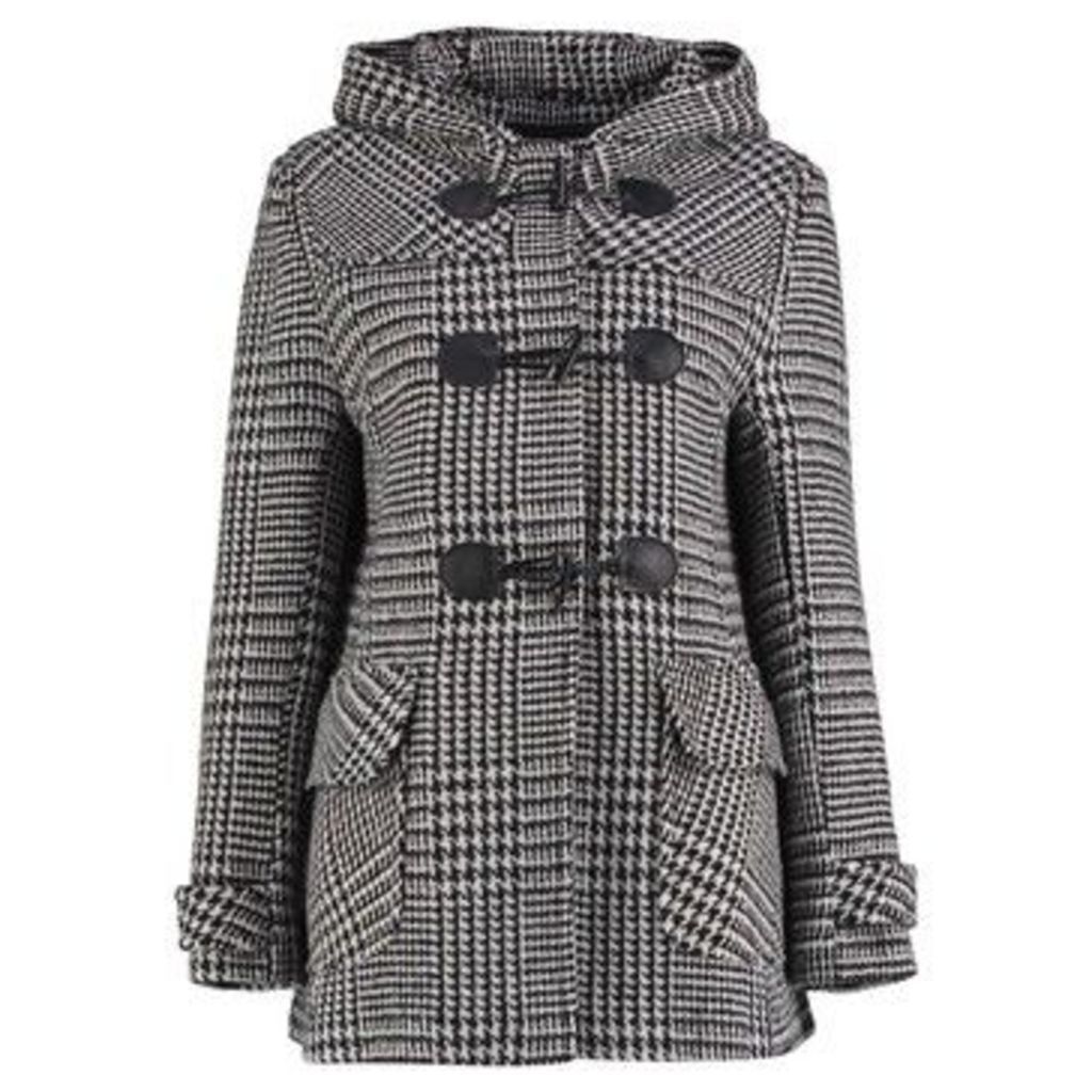 Prince Of Wales Check Short Winter Duffle Coat  in Black