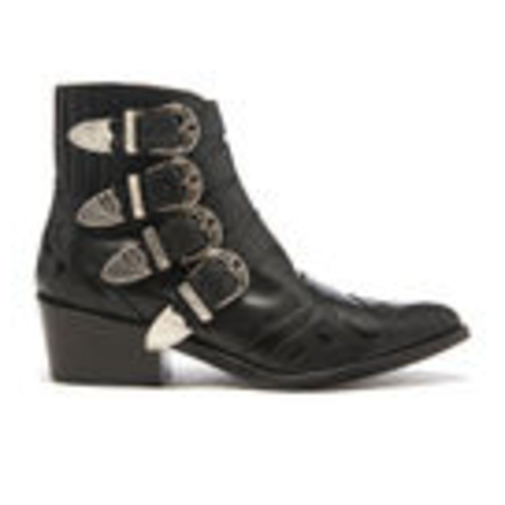 Toga Pulla Women's Buckle Side Mix Leather Heeled Ankle Boots - Black