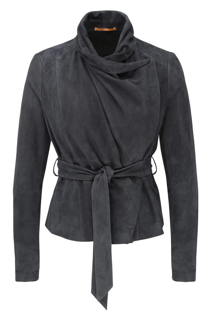 Leather jacket with cowl neck and wrap belt: `Janelli`