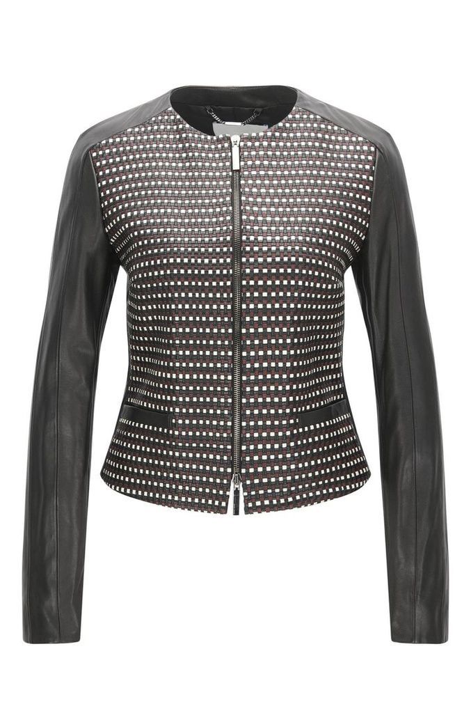 Regular-fit leather jacket with woven panel