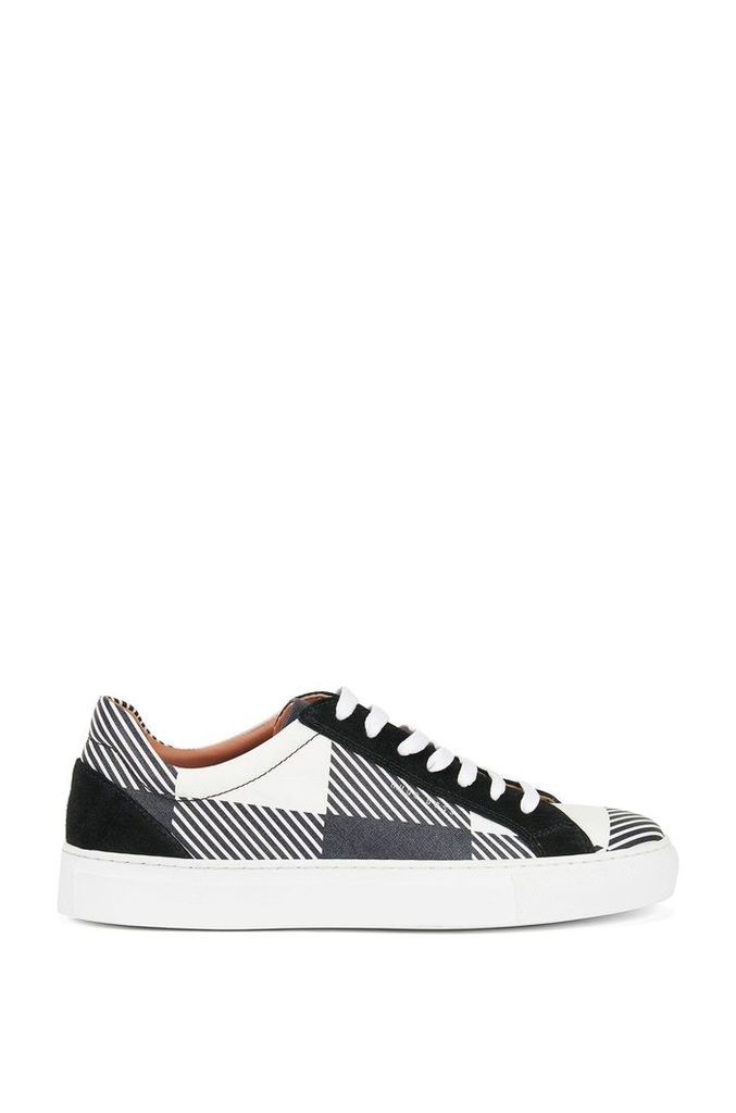 Lace-up check-print trainers in Italian leather