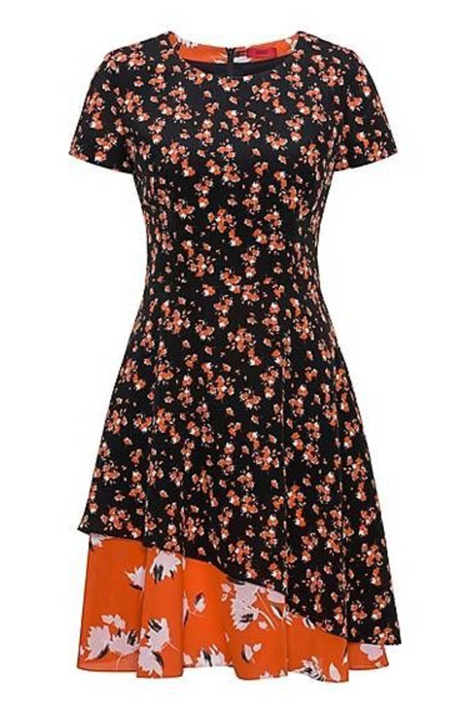 Short-sleeved silk dress with patched floral prints