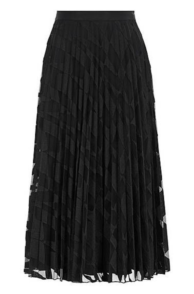 A-line plissé midi skirt in graphic-embroidered tulle