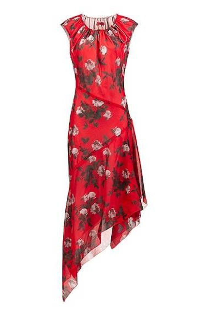 Asymmetric-hem dress with floral print and drawstring neckline