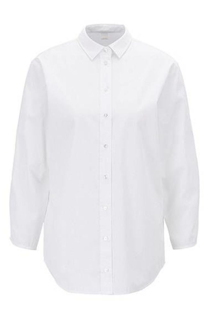 Shirt-style blouse in cotton poplin with smocked sleeves