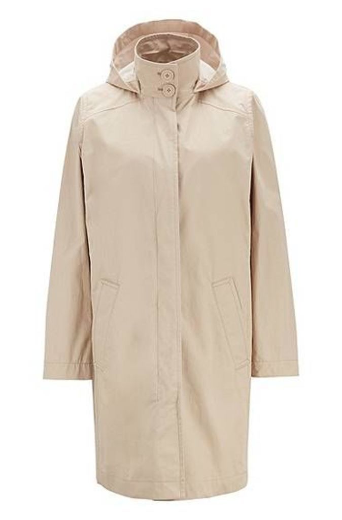 Long-length hooded jacket in water-repellent coated cotton