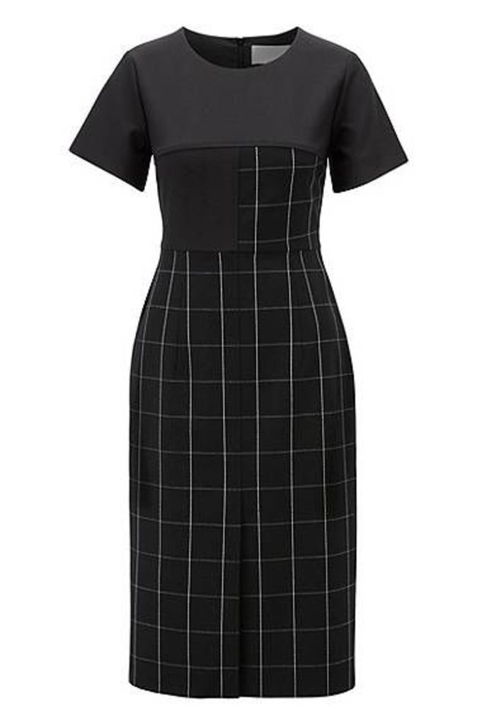 Shift dress in checked fabric with solid-colour sleeves