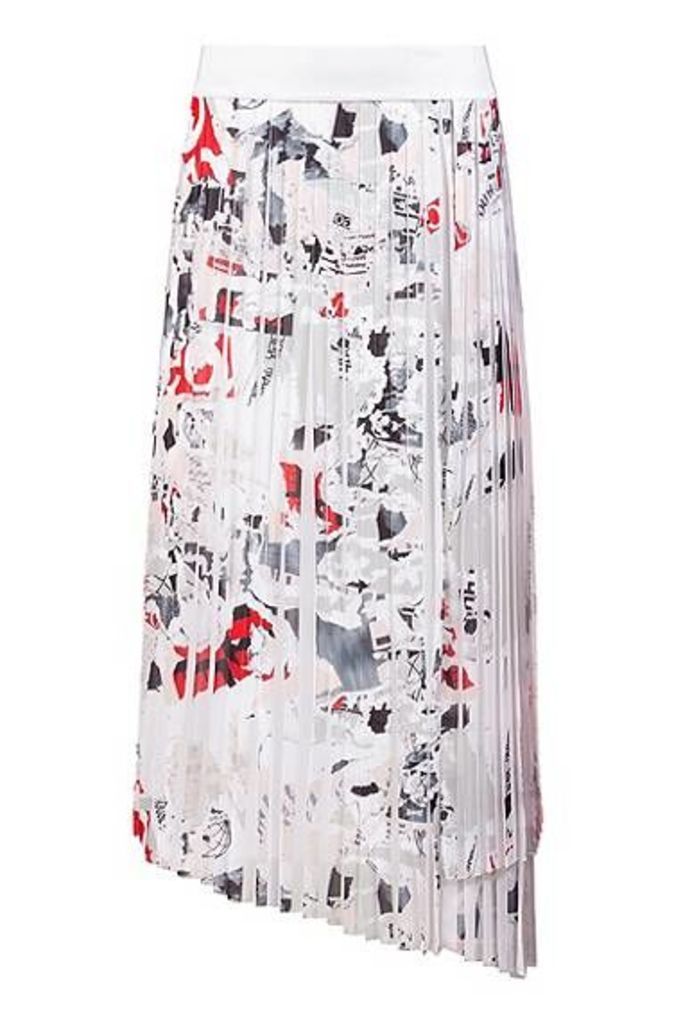 Plissé midi skirt with seasonal print and asymmetric hem