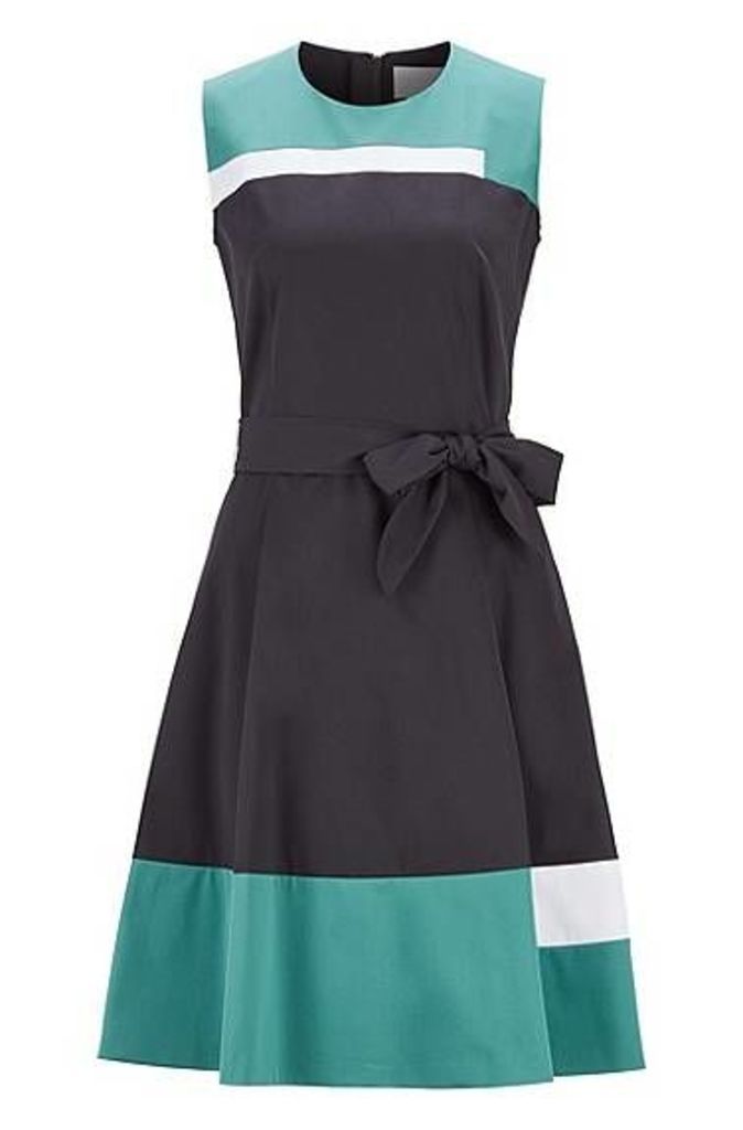 Sleeveless dress in satin-touch cotton with tie belt