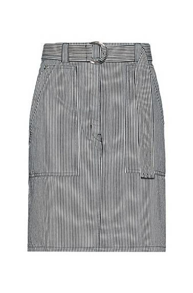 Belted pencil skirt in striped denim with oversized pockets