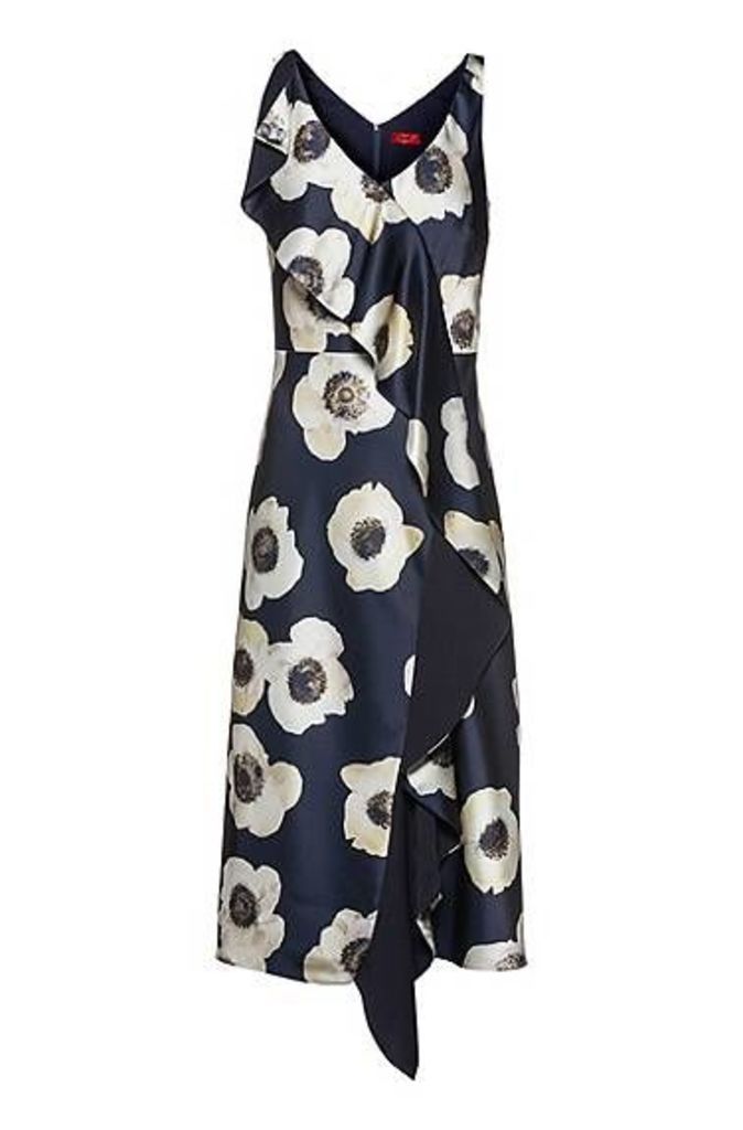 Oversized-floral-print sleeveless dress with cascading volant