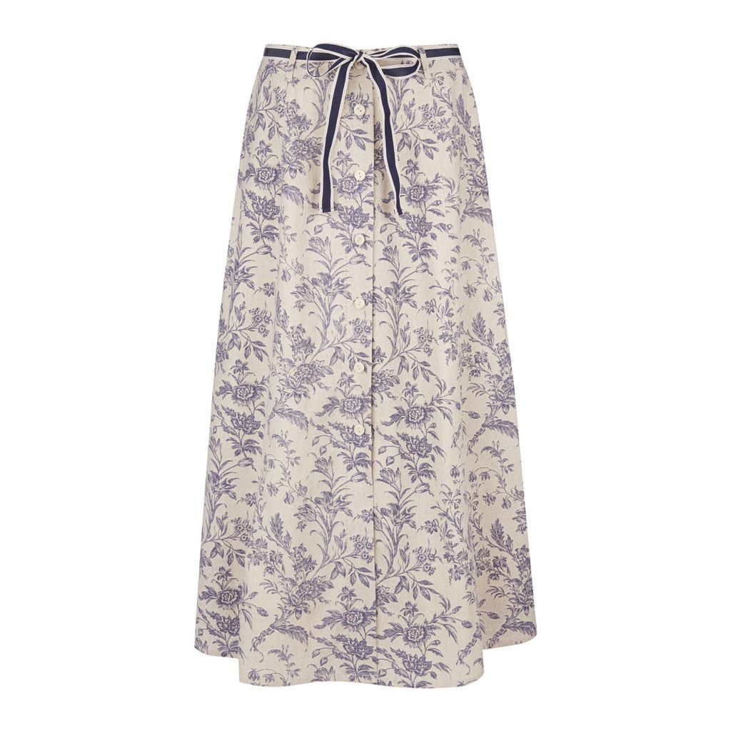 Button Front Floral Toile Print Linen Skirt