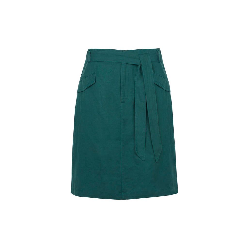 Green Tie Waist Linen Blend Skirt
