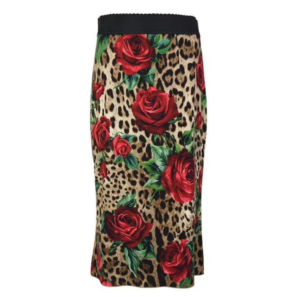 Dolce and Gabbana Leopard Print Rose Pencil Skirt