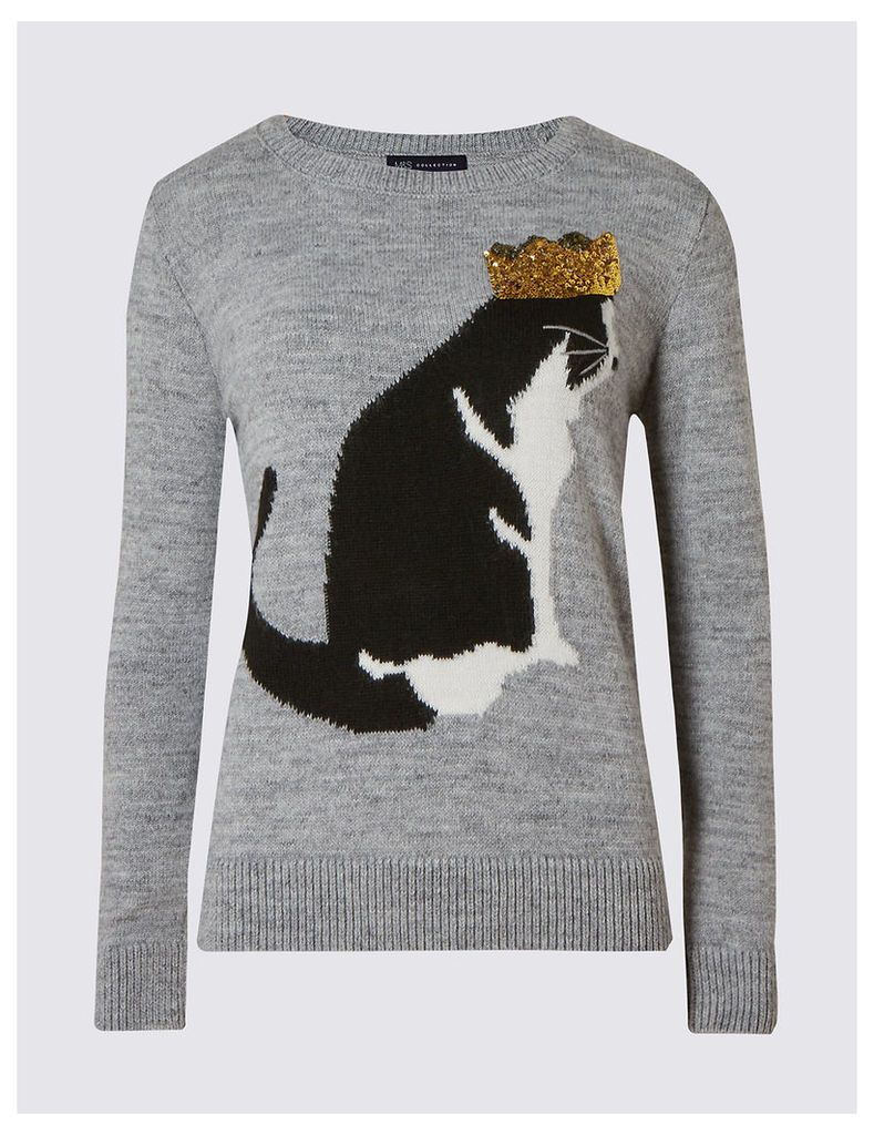 M&S Collection Embellished Cat Print Christmas Jumper