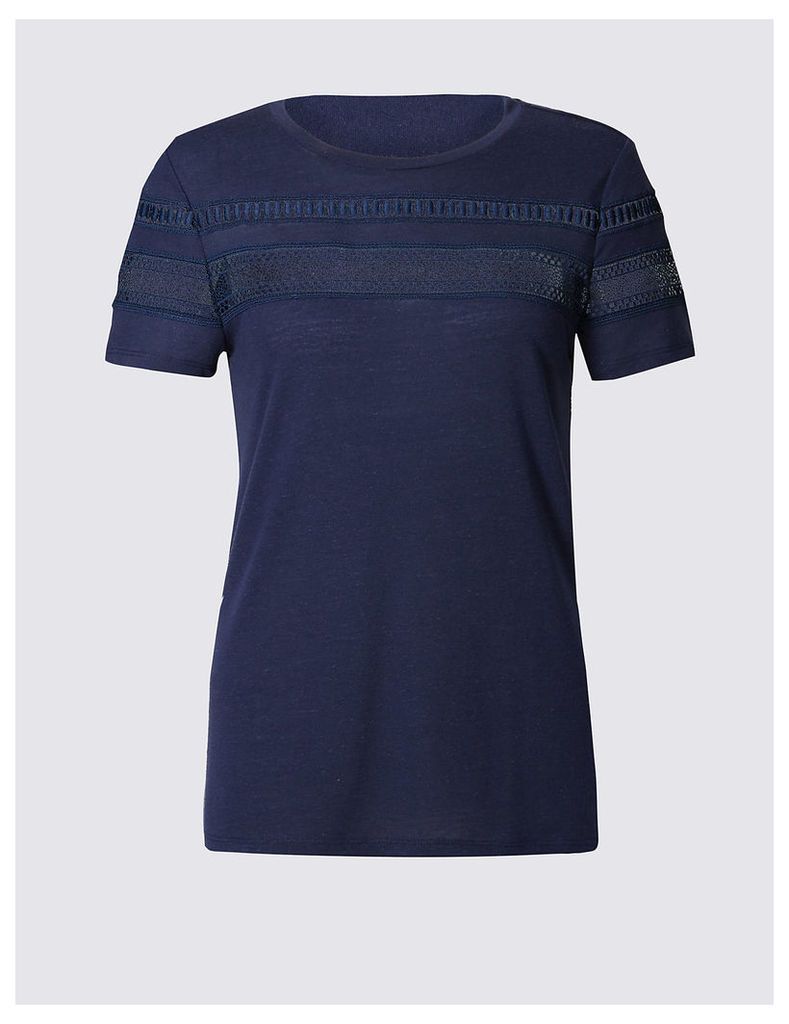 Indigo Collection Lace Trim Round Neck Short Sleeve T-Shirt