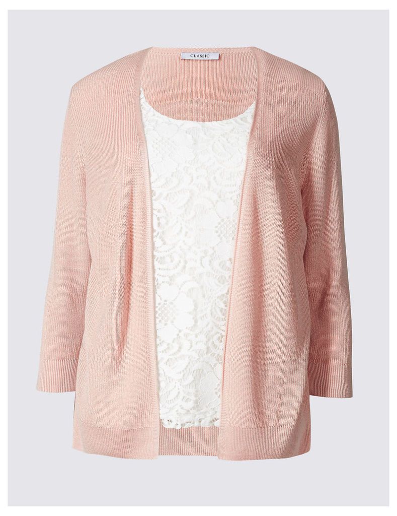 Classic Lace Front Round Neck 3/4 Sleeve Cardigan