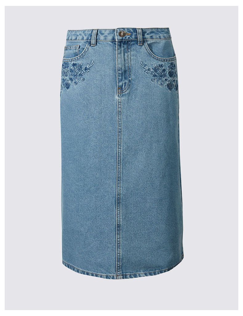 M&S Collection Denim Embroidered A-Line Midi Skirt