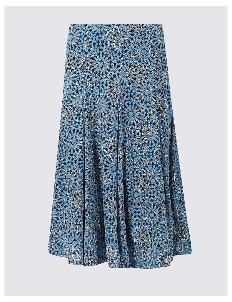 Classic Cotton Blend Floral Print A-Line Midi Skirt