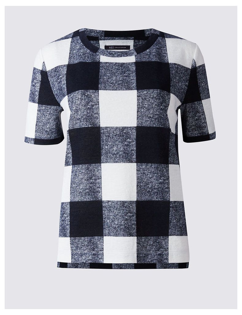 M&S Collection Textured Check Round Neck Short Sleeve Top