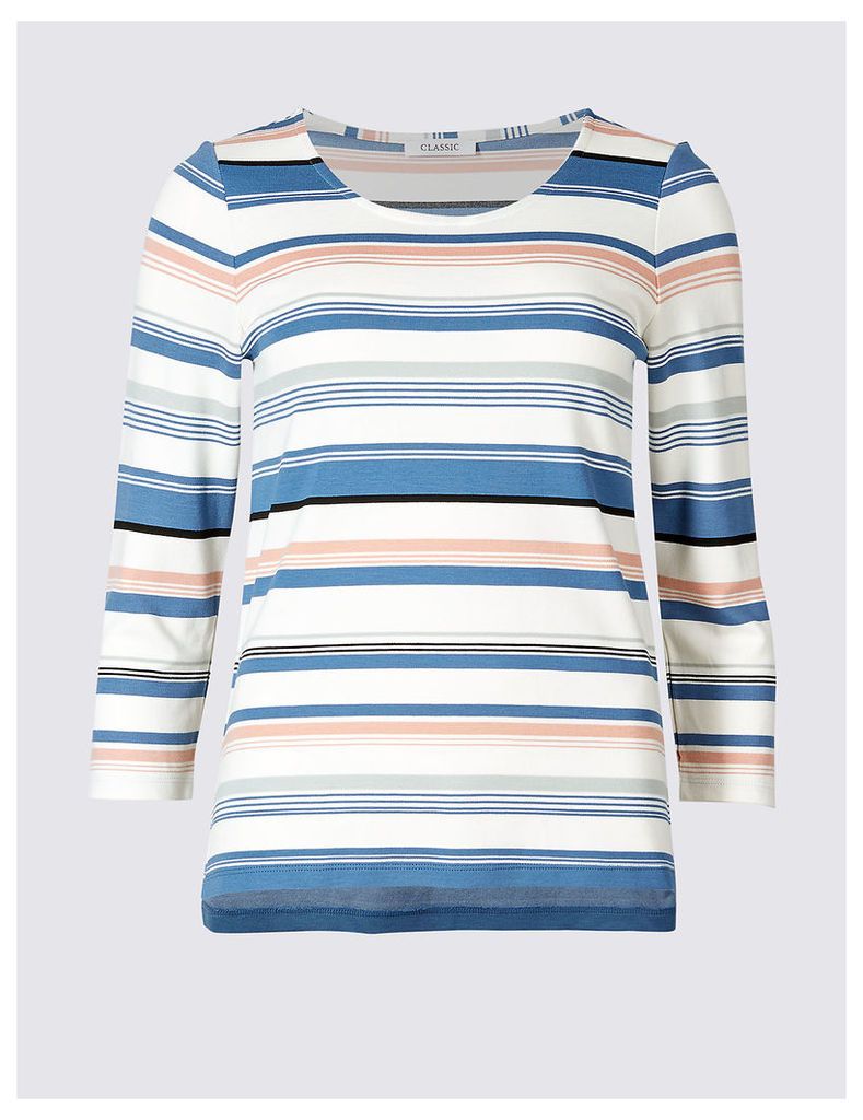 Classic Striped Round Neck 3/4 Sleeve T-Shirt