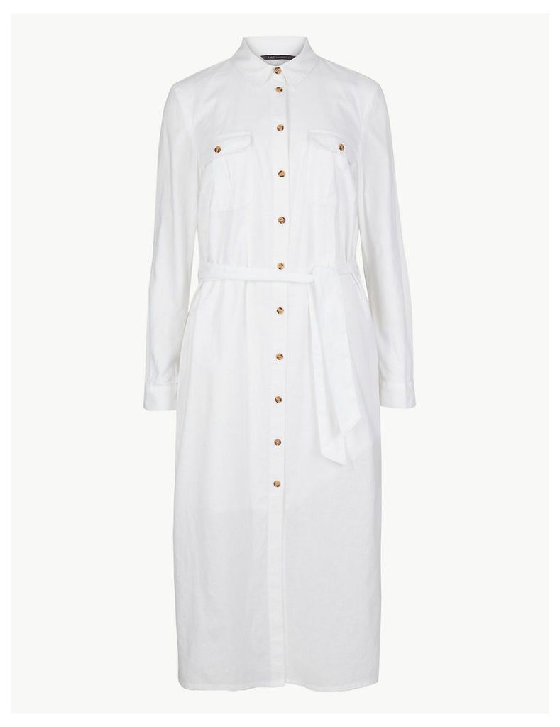 M&S Collection Linen Blend Patch Pocket Midi Shirt Dress