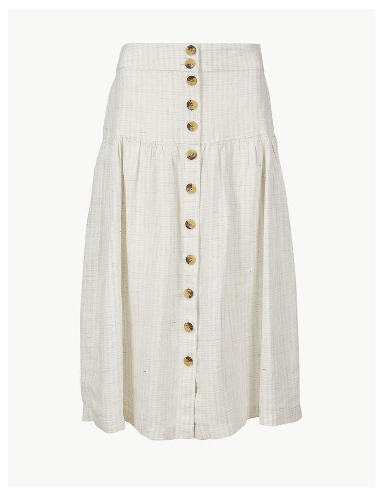 M&S Collection Pure Linen Checked A-Line Midi Skirt