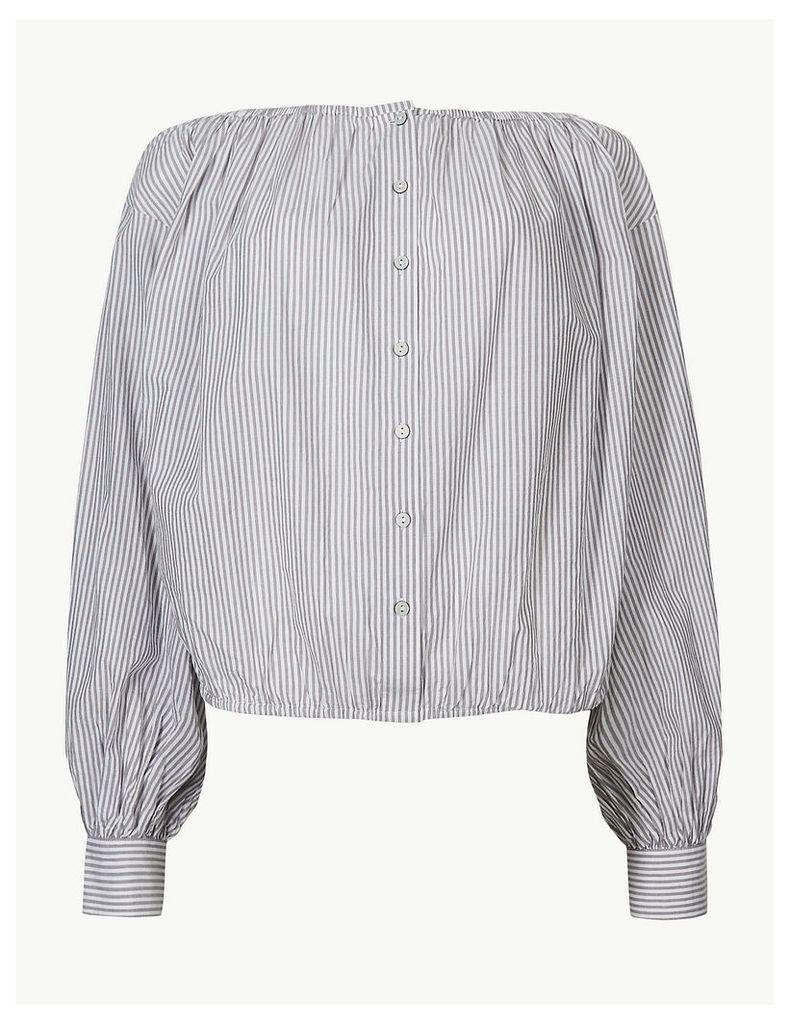 M&S Collection Pure Cotton Striped Blouson Sleeve Blouse
