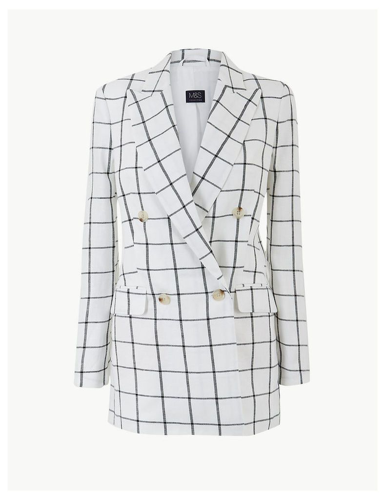 M&S Collection Pure Linen Checked Double Breasted Blazer