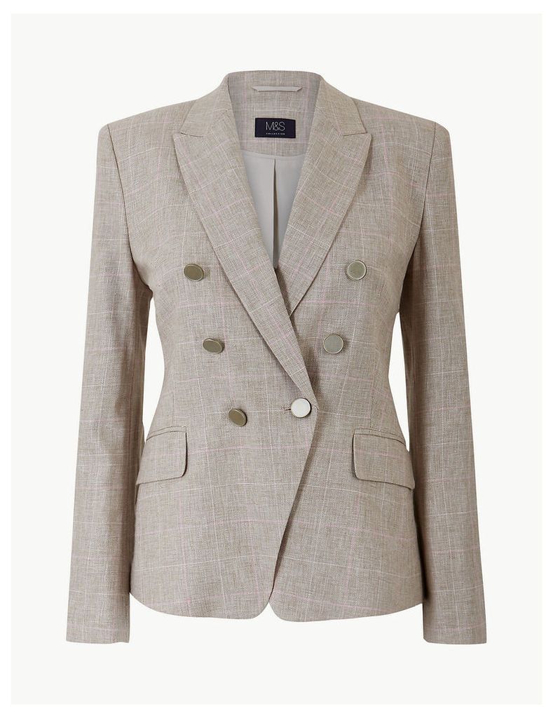 M&S Collection Linen Blend Checked Double Breasted Blazer