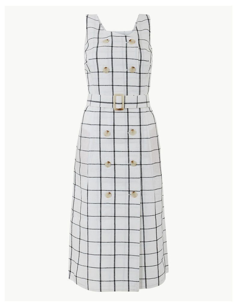 M&S Collection Pure Linen Checked Waisted Dress