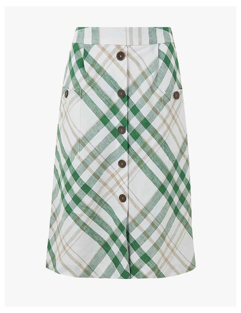 M&S Collection Pure Linen Checked A-Line Midi Skirt