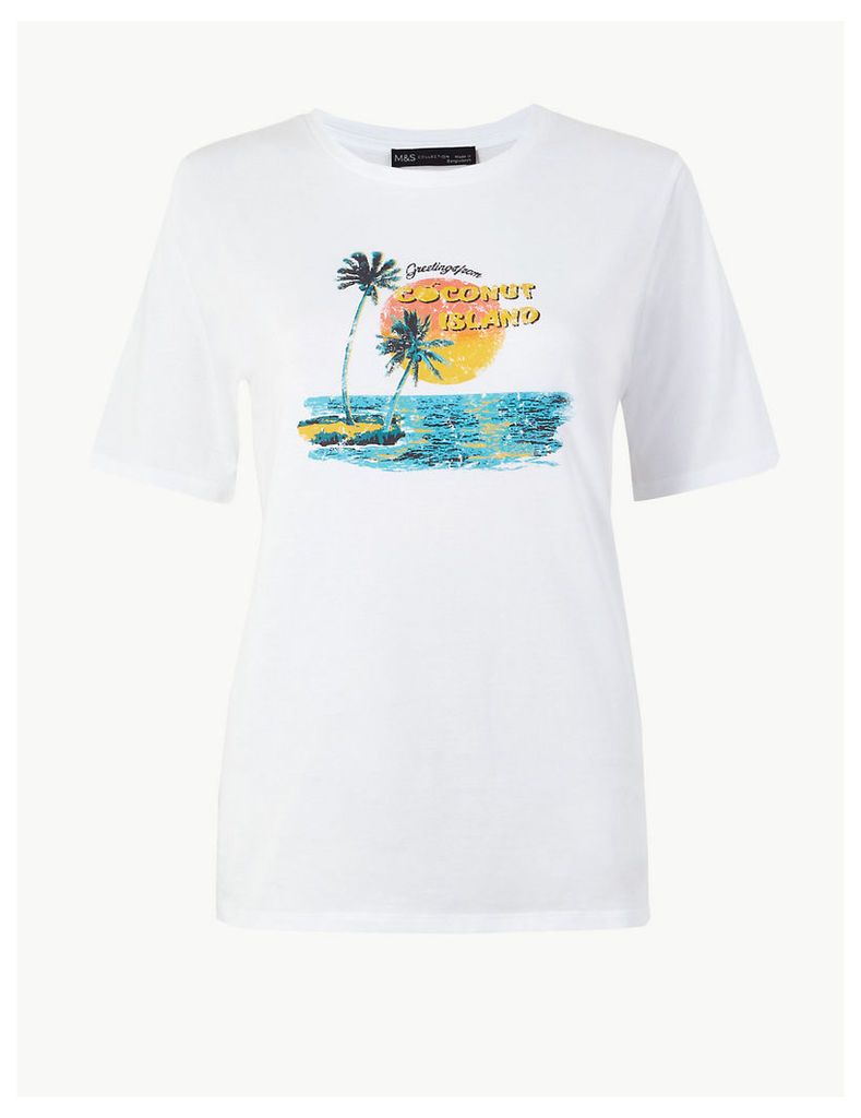 M&S Collection Pure Cotton Palm Slogan Straight Fit T-Shirt