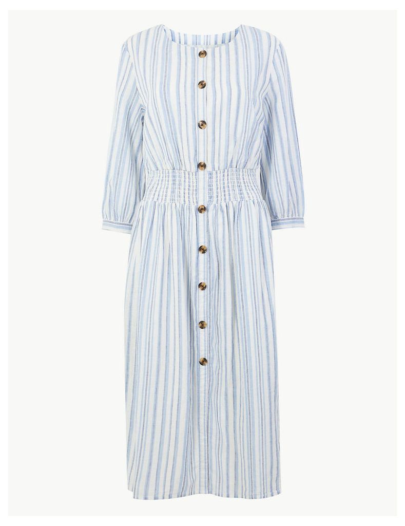 M&S Collection Cotton Blend Striped Waisted Midi Dress