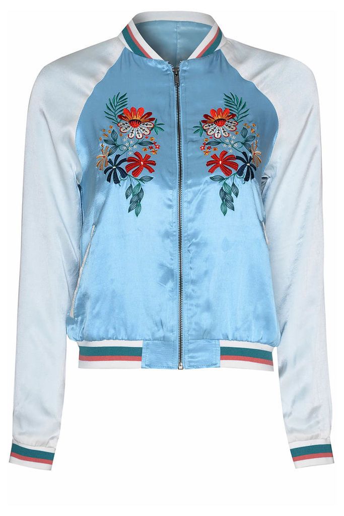 Blue And White Oriental Flower Bomber Jacket