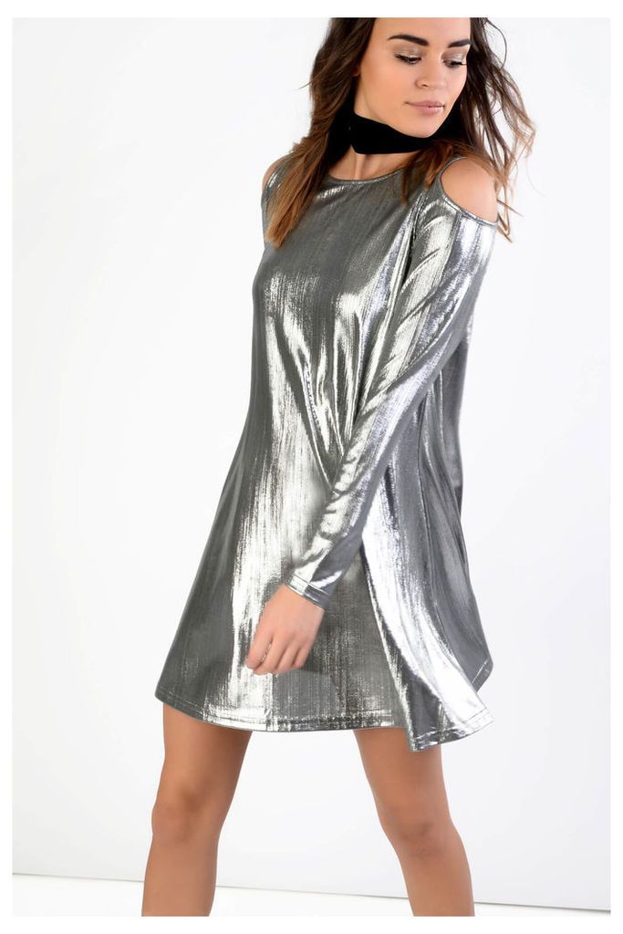 Silver Cold Shoulder Skater Dress