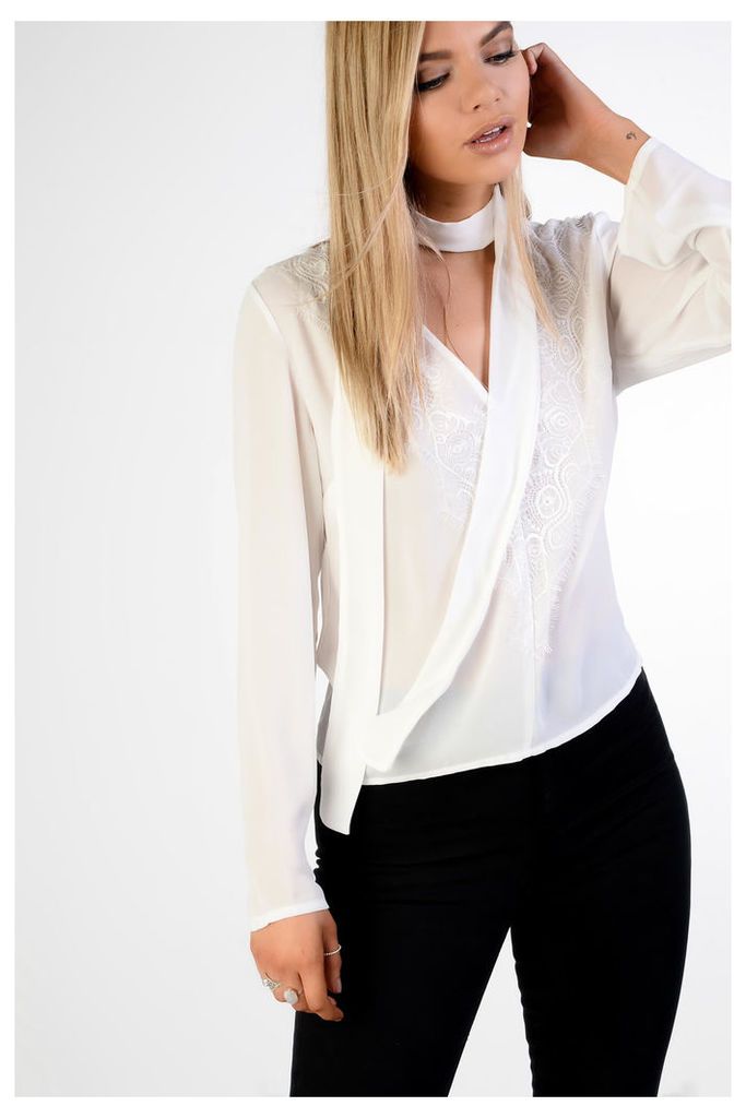 White Embroidered Neck Tie Blouse