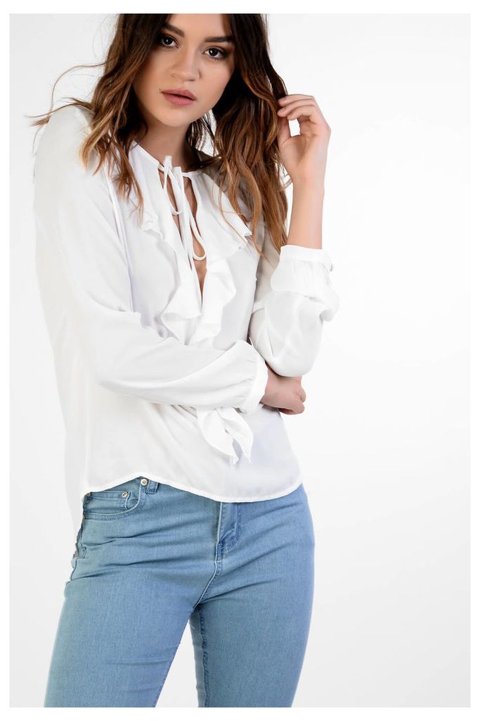 White Tie Up Ruffle Detail Blouse