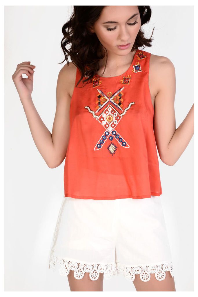 Orange Embroidered Vest Top